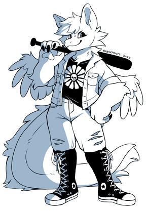 A dragon with a baseball bat looking mischievous.