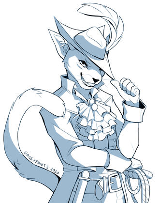 A cat in hunter's garb grinning confidently.
