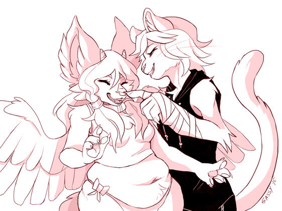 A cat booping the nose of a dragon who is laughing.