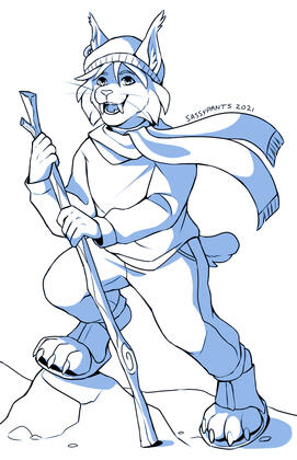 A sabre tooth lynx in outdoor clothes with a walking stick