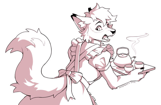 A wolf maid holding a tray of tea, looking surprised.