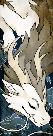 An eastern dragon flying downwards with blue waves in the back.