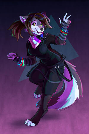 A happy, dancing wolf in a rave outfit.