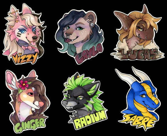 A layout of six traditional bust badges done in marker A layout of six traditional bust badges done in marker