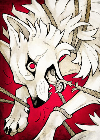 A snarling white wolf with ropes looped around its neck and legs. A snarling white wolf with ropes looped around its neck and legs.