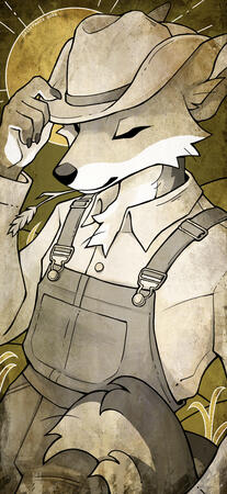 A jackal in farming clothes with the sun and rolling hills in the background.