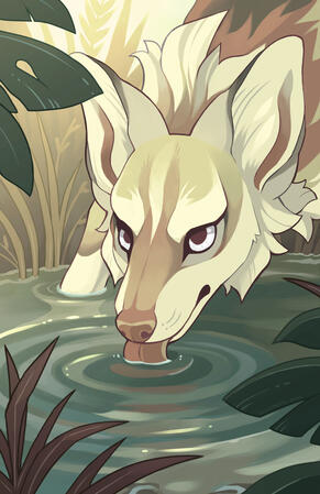 An arabian wolf drinking water from an oasis An arabian wolf drinking water from an oasis
