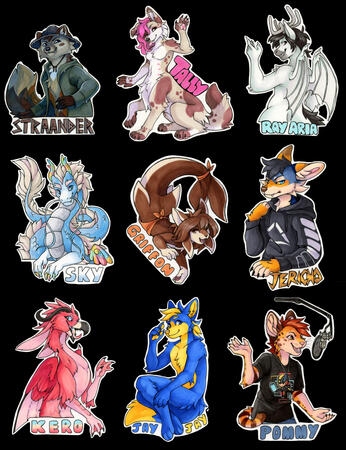 A layout of nine traditional half and full body badges done in marker. A layout of nine traditional half and full body badges done in marker.
