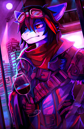 A dragon in tactical gear holds a wine glass while overlooking a neon city at night.