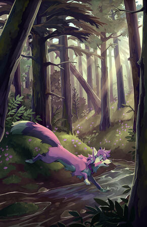 A purple fox runs through the woods, splashing through a stream.