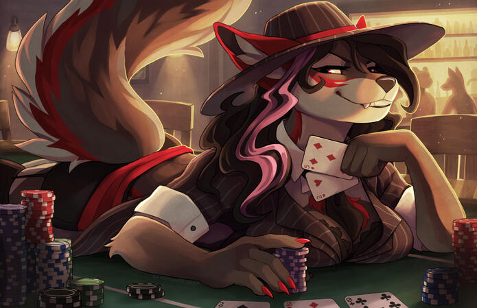 A wolf dressed in 1920's mobster attire lays across a poker table at a speakeasy.