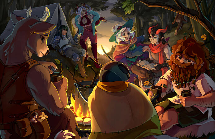 A D&D party rests with tea made from twigs as the sun sets. A D&D party rests with tea made from twigs as the sun sets.