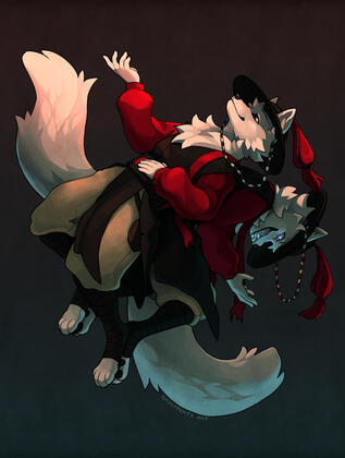 Two depictions of a white kitsune are posed back to back, one is calm and the other is malicious. Two depictions of a white kitsune are posed back to back, one is calm and the other is malicious.