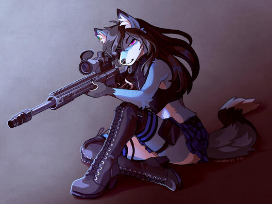 A fox in tactical gear sitting and looking through the scope of a sniper rifle. A fox in tactical gear sitting and looking through the scope of a sniper rifle.