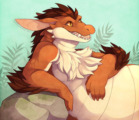A fluffy gator creature resting on a rock.