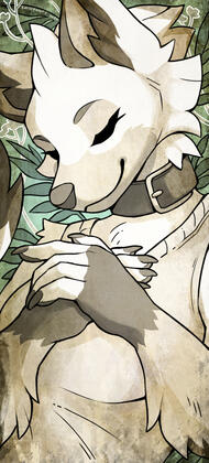 A wolf on a green background full of plants. A wolf on a green background full of plants.