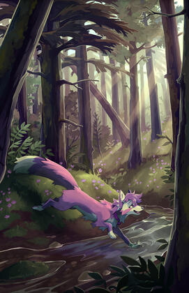 A purple fox runs through the woods, splashing through a stream.