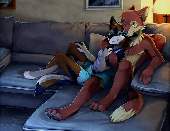 Two wolves cuddling on a couch.