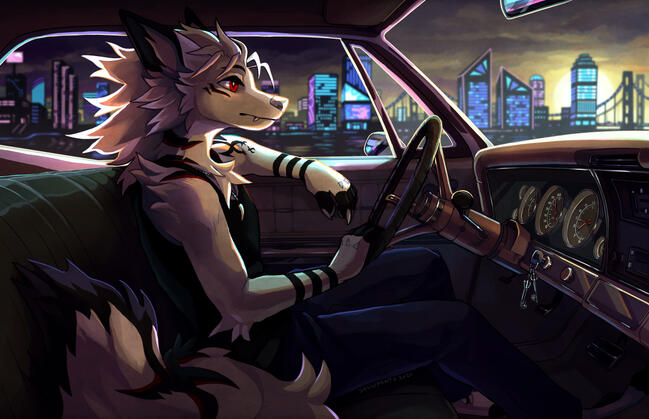 A canine character drives a 1967 impala outside of a neon city at sunset.