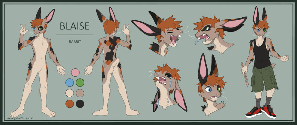 A reference sheet of Blaise the rabbit, with clothing and headshot extras.