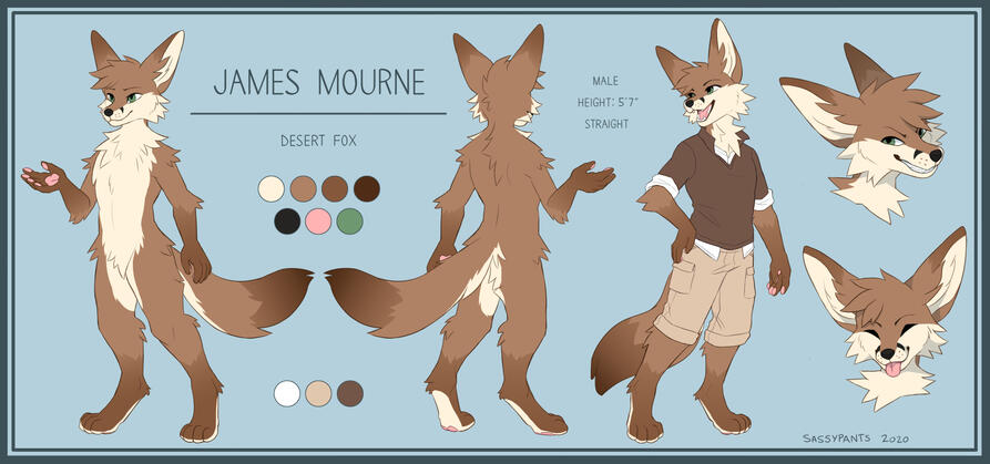 A reference sheet of James Mourne the fox, with an extra clothing view.