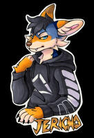 Marker half body badge of Jericho, a coywolf.